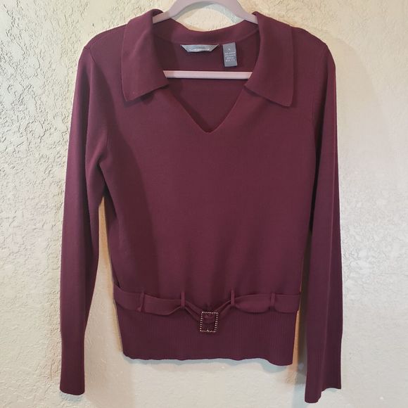 Hillard & Hanson Sweaters - Hillard & Hanson Womens Belted Collared Pullover Sweater Size Large Burgundy